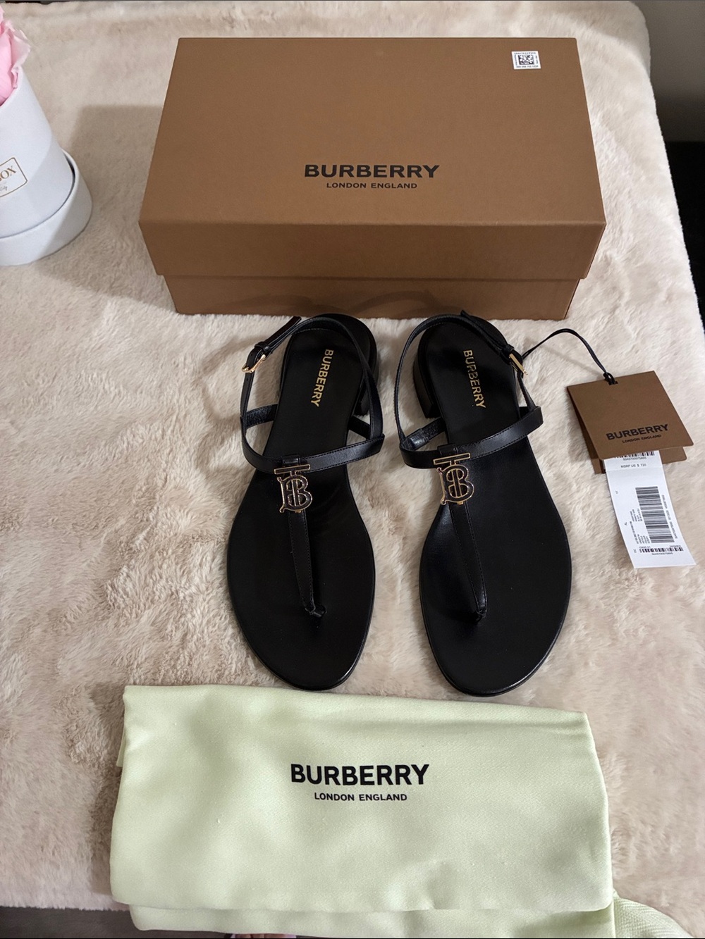 Burberry Emily TB Logo Sling Back Thong Monogram Leather Sandal in size 9